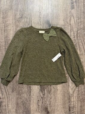 Hayden Girls Olive Green Puff-Sleeve Knit Sweater with Plaid Bow